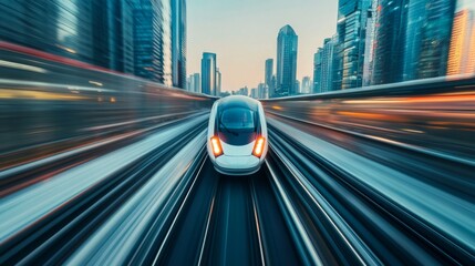 Aufkleber - Close-up of a high-speed train in a motion blur, illustrating the incredible speed and efficiency of the train as it travels through a bustling cityscape.