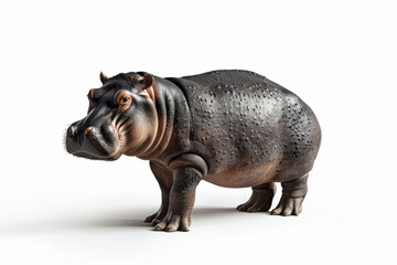 A baby hippo standing on a white background, isolated on the left side.