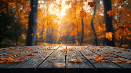 Wall Mural - Autumn leaves falling on wooden table in forest