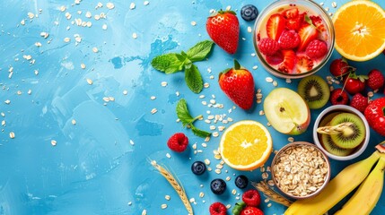 Various fresh fruits such as berries, strawberries and wheat, vegetable salads, healthy food. To help you lose weight, top view