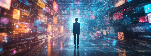 Silhouette of a person standing in a virtual, digital world with colorful data streams and holographic screens, representing technology and the digital age.