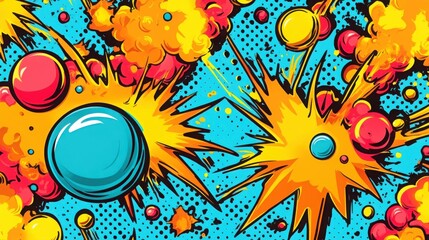 Wall Mural - Vivid comic book pop art pattern featuring dynamic explosions, bright lightning, and energetic beams showcasing a vibrant color palette in a playful design