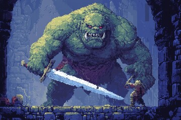 Retro RPG Boss Battle: Pixelated Giant Ogre Confrontation in 16-Bit Dungeon Quest