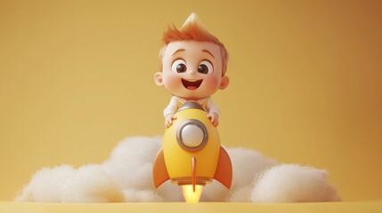 A cute baby astronaut joyfully rides a colorful rocket through a dreamy sky filled with fluffy clouds and soft pastel colors, radiating happiness in a cheerful 3D cartoon style