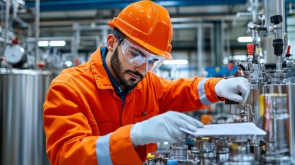 A male worker in an orange safety uniform examining equipment in a modern industrial facility, showcasing precision and safety.