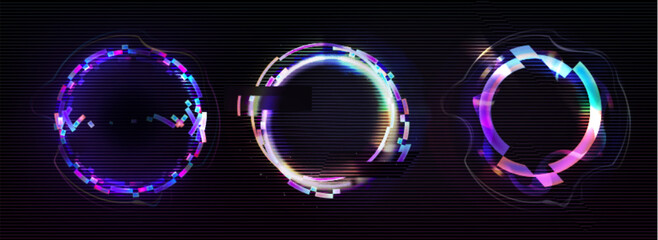 Wall Mural - neon glitch effect circle. digital ring frame with cyber light. futuristic broken pixel and noise gr