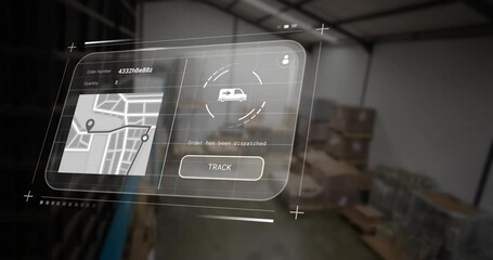 Sticker - Animation of data processing on screen over warehouse