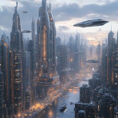 Futuristic Cityscape with Flying Cars and Boats