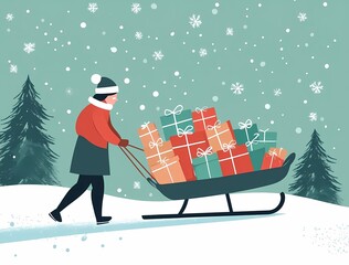 A person pulling an ice sled with many gift boxes on it, flat design illustration, vector graphic style, simple shapes, winter background, Christmas mood