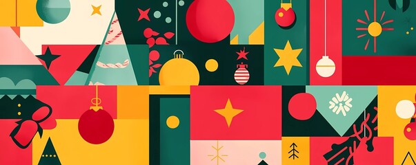 Canvas Print - Christmas flat pattern with colorful Christmas symbols, retro design style, geometric shapes, and color blocks.