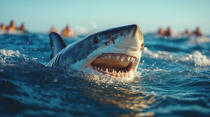 Wall Mural - Great White Shark  Breaching the Surface of the Ocean