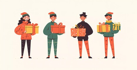 Merry Christmas greeting card with happy people holding gift boxes, simple flat vector illustration of four young adults in green