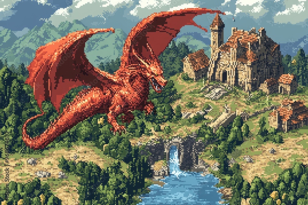 Retro Pixel Dragon Flying Over Pixelated RPG World - Vintage Adventure ...