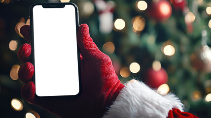 A close-up of a mobile phone in Santa's hand. A mockup of a fashionable smartphone on the background of a Christmas tree. A man in a Santa Claus costume is holding a cell phone