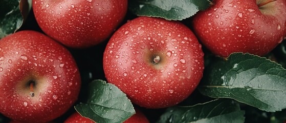 Wall Mural - A close-up view showcases freshly picked red apples adorned with water droplets and surrounded by green leaves. This vibrant display highlights their natural beauty