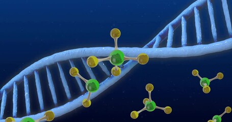 Wall Mural - Animation of dna strand spinning and molecules on blue background