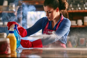 Wall Mural - Housewife wearing apron and red protective rubber gloves wipes and disinfects dust table using spray bottle and rag Housewife wearing apron and red protective rubber gloves wipes and disinfects dust t