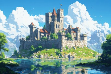 Wall Mural - Retro 8-Bit Pixel Art of Ancient Castle on Hill, RPG World Map Exploration Background