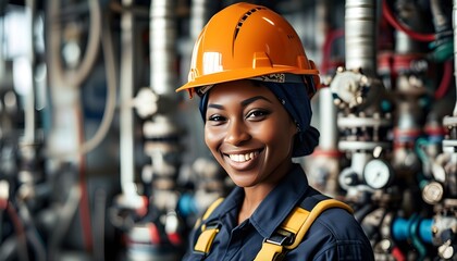 Wall Mural - Confident African-American woman in uniform and helmet at a gas production facility, embodying professionalism and commitment to the energy industry