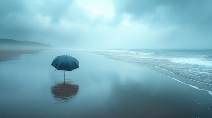 Wall Mural - A solitary umbrella stands on a misty beach by the ocean.