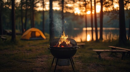 Poster - Campfire by the Lake at Sunset