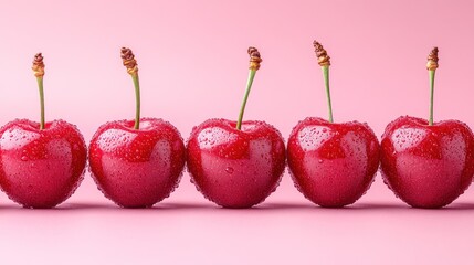 Wall Mural - Five Red Cherries on Pink Background