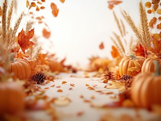 Top-view of a festive Thanksgiving table with pumpkins, golden wheat, and scattered autumn leaves, 3D Blender style, isolated background with space for text