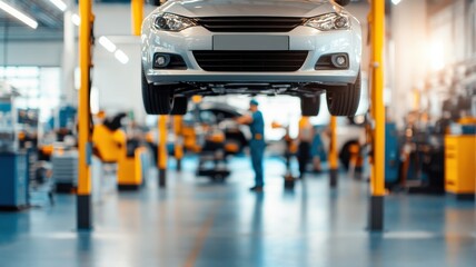 A modern auto repair shop showcasing a lifted car, colorful tools, and professional mechanics at work, highlighting vehicle maintenance.