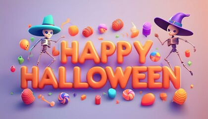 Wall Mural - Happy Halloween Skeletons and Candy 3D Illustration