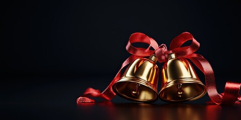 A pair of shiny golden Christmas bells tied with red ribbons, glowing with holiday festivity, isolated background, 3D Blender style, middle shot, with space for text