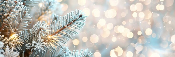 Poster - Close-up of a beautifully decorated Christmas tree with twinkling lights and frosted branches. AI.