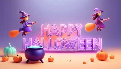 Happy Halloween 3D Illustration with Witches and Pumpkins