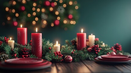 Wall Mural - A festive Christmas table setting with candles, plates, and pine garlands, vibrant holiday scene, isolated background, 3D Blender style, middle shot, with space for text