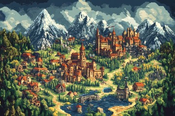 Wall Mural - Vintage 16-Bit RPG Kingdom Map with Retro Pixel Villages, Dungeons, and Castles