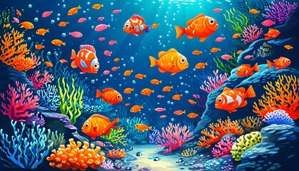 Wall Mural - Vibrant underwater world full of colorful fish and lively coral, showcasing a dynamic display of energy and movement