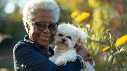 Poster - A smiling elderly woman hugs a small white dog. AI.