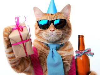 Poster - Cat wearing a birthday hat, sunglasses, and tie, holding a gift, and a beer bottle. AI.