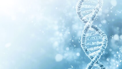 A bright particulate 3D rendered DNA on a blue bokeh background.