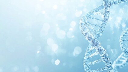 Wall Mural - A bright particulate 3D rendered DNA on a blue bokeh background.