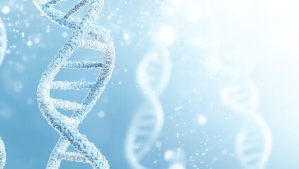 Wall Mural - A bright particulate 3D rendered DNA on a blue bokeh background.