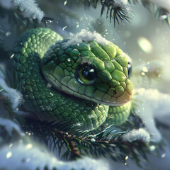 Wall Mural - A green snake curled up in the snow. AI.