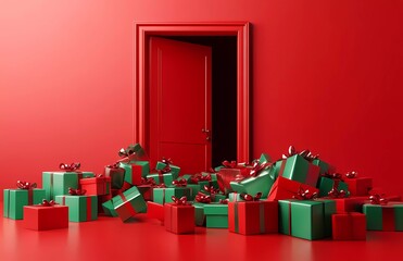 Wall Mural - 3D rendering of a Christmas door that is open, with many gift boxes pouring out onto a red background.