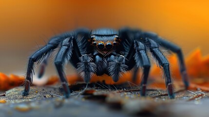 A close-up photograph of a black spider with intricate web patterning on a leaf,
