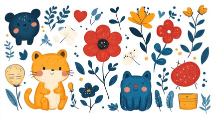 Cute Animals and Flowers Illustration