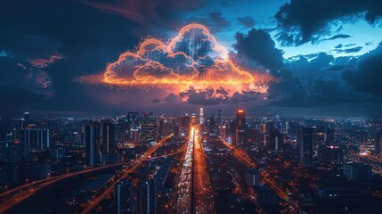 Wall Mural - A fiery cloud shaped like a brain hangs over a city skyline, representing the power and potential of technology.