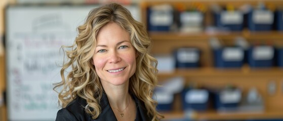 Canvas Print - A woman with long curly blonde hair smiles at the camera. AI.