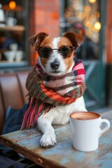 A dog wearing sunglasses and a scarf sits at a table with a cup of coffee. AI.