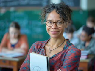 Poster - A confident teacher stands in front of her classroom. AI.