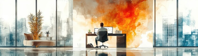 entrepreneur working in a modern fintech office, watercolor effect with contemporary design, spacious copyspace