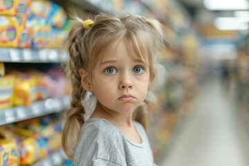 Sticker - A young girl with pigtails looks at the camera with a thoughtful expression. AI.